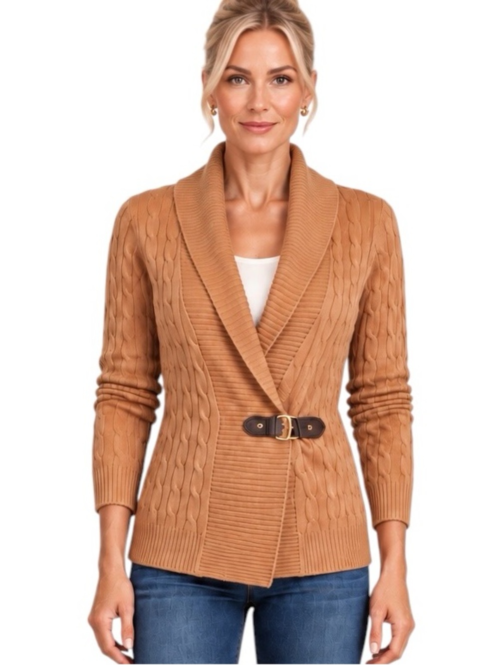 LAUREN RALPH LAUREN Cable Knit Cotton Belted Cardigan Sweater Women’s Size Large